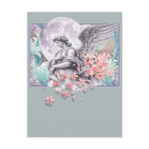 Ange au clair de lune — Lune et fleurs roses, pale