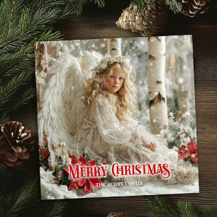 Cartes Pour Fêtes Annuelles Ange de Noël rustique poinsettias rouges aquarelle