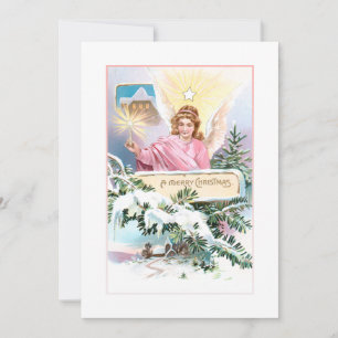 Cartes Pour Fêtes Annuelles Ange de Noël Vintage, Etoile et Pin couvert de nei