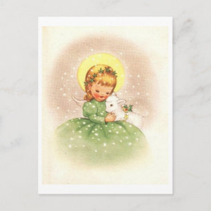 Cartes Pour Fêtes Annuelles Ange de Noël Vintage Fille avec agneau bébé