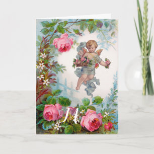 CARTES POUR FÊTES ANNUELLES ANGE ROMANTIQUE RASSEMBLANT ROSES ET FLEURS ROSES