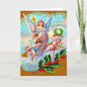Cartes Pour Fêtes Annuelles Angel Cherub Croix chrétienne Bell Wreath Holly