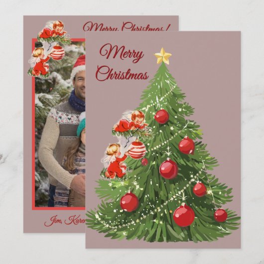 Cartes Pour Fêtes Annuelles Angels décorant l'arbre simple (Devant / Derrière)