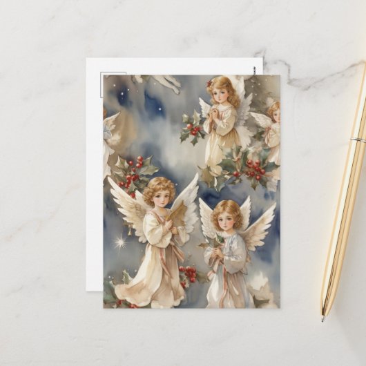 Cartes Pour Fêtes Annuelles Anges de l'aquarelle de Noël (Devant/Arrière en situation)