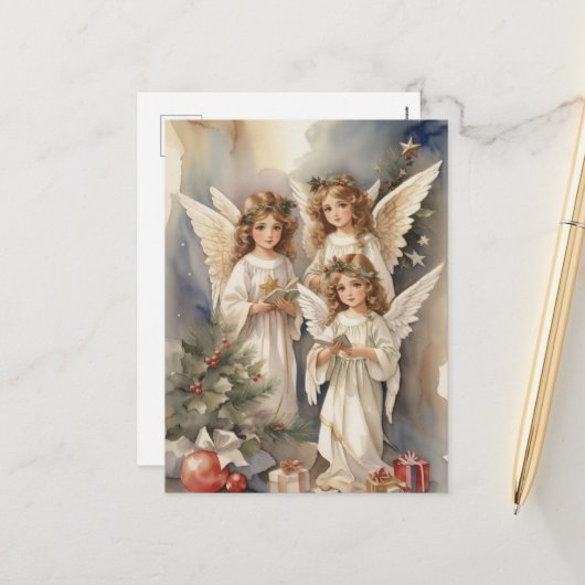 Cartes Pour Fêtes Annuelles Anges de l'aquarelle de Noël (Devant/Arrière en situation)