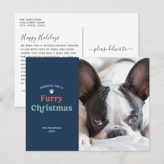 Cartes Pour Fêtes Annuelles Animal de Noël à fourrure bleue (Devant / Derrière)