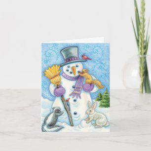 Cartes Pour Fêtes Annuelles Animaux mignons construisant un bonhomme de neige