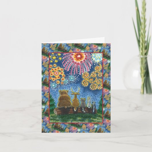 CARTES POUR FÊTES ANNUELLES ANIMAUX SAUVAGES 4 JUILLET FEU, BLANC VRAI (Devant)