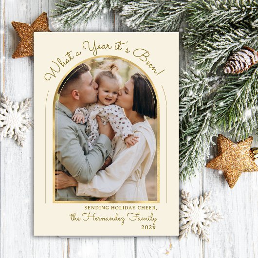 Cartes Pour Fêtes Annuelles Année en examen Gold Script Arch Photo Collage