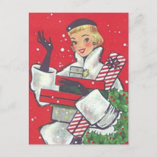 Cartes Pour Fêtes Annuelles Années 1950 Retro Christmas Shopping Girl Vintage