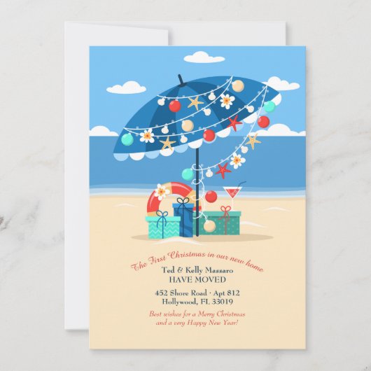 Cartes Pour Fêtes Annuelles Annonce de déménagement pour Noël sous les Tropiqu (Devant)