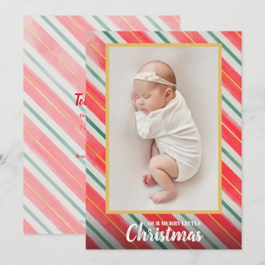 Cartes Pour Fêtes Annuelles Annonces de naissance de photos de Noël rayées (Devant / Derrière)
