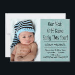 Cartes Pour Fêtes Annuelles Annonces de naissance de vacances d'hiver de Noël<br><div class="desc">La photo témoin pour ce faire-part a été prise par Lozano marial www.marianlozanophotography.com. Cette conception indique que "notre meilleur cadeau est venu au début de l'année !" dans une police de fête d'amusement. Personnalisez ce faire-part avec les coordonnées de vous nouveau venu. L'arrière - plan est un bleu mou avec...</div>