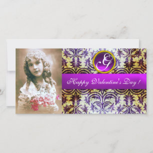 Cartes Pour Fêtes Annuelles ANTIQUE PURPLE DAMASK Amethyst Monogramme