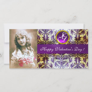 Cartes Pour Fêtes Annuelles ANTIQUE PURPLE DAMASK Amethyst Monogramme