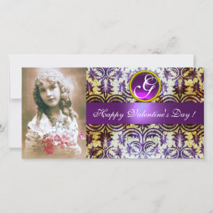 Cartes Pour Fêtes Annuelles ANTIQUE PURPLE DAMASK Amethyst Monogramme