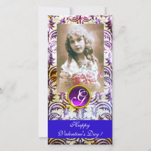 Cartes Pour Fêtes Annuelles ANTIQUE PURPLE DAMASK Améthyste Monogramme bleu