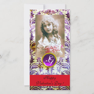 Cartes Pour Fêtes Annuelles ANTIQUE PURPLE DAMASK Améthyste Monogramme rouge