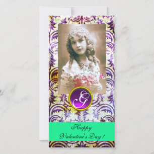 Cartes Pour Fêtes Annuelles ANTIQUE PURPLE DAMASK Améthyste Monogramme vert