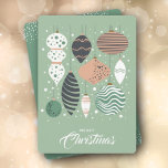 Cartes Pour Fêtes Annuelles Appartement de Noël rétro<br><div class="desc">Des ornements rétro d'arbre de Noël sur un arrière - plan vert menthe,  cette carte présente votre salutation sur le devant et votre personnalisation et les noms sur le dos. Sélectionnez Matte pour le papier le plus lourd et la haute définition pour une meilleure qualité d'impression.</div>