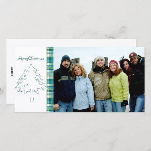 Cartes Pour Fêtes Annuelles Aqua Blue Pine Tree & Plaid Joyeux Noël (Devant / Derrière)
