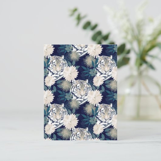 Cartes Pour Fêtes Annuelles Aquarelle animale Tigre tendance Flore bleu Design (Debout devant)