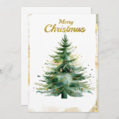 Cartes Pour Fêtes Annuelles Aquarelle Arbre de Noël en or et vert (Devant / Derrière)