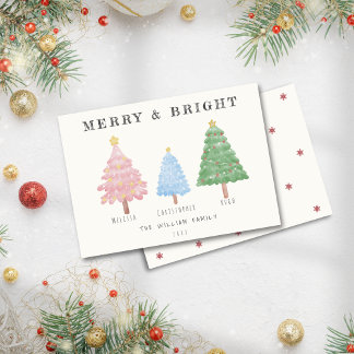 Cartes Pour Fêtes Annuelles Aquarelle Arbres de Noël Nom de famille Non Photo