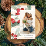 Cartes Pour Fêtes Annuelles Aquarelle Berries Gold Rose Stripes Photos moderne<br><div class="desc">Répandez la fête avec cette carte de vacances festive avec vos photos préférées entourées de baies d'aquarelle, de feuilles verts, de rayures roses et blanches douces et de pois de parties scintillant faux or. Changez le message de voeux de Joyeux Noël, Bonne Année, etc. Le côté arrière comporte deux photos....</div>