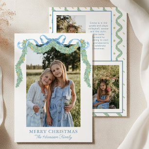 Cartes Pour Fêtes Annuelles Aquarelle bleu Bow Fruit Garland Photo de Noël