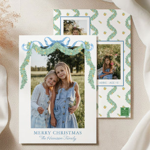 Cartes Pour Fêtes Annuelles Aquarelle bleu Bow Fruit Garland Photo de Noël