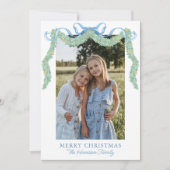 Cartes Pour Fêtes Annuelles Aquarelle bleu Bow Fruit Garland Photo de Noël (Devant)