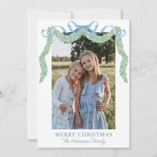 Cartes Pour Fêtes Annuelles Aquarelle bleu Bow Fruit Garland Photo de Noël (Devant)