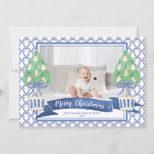 Cartes Pour Fêtes Annuelles Aquarelle bleu Chinoiserie Arbre de Noël Photo (Devant)