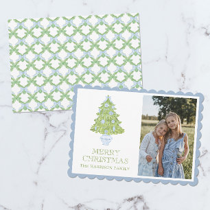 Cartes Pour Fêtes Annuelles Aquarelle bleu Chinoiserie Arbre de Noël Photo