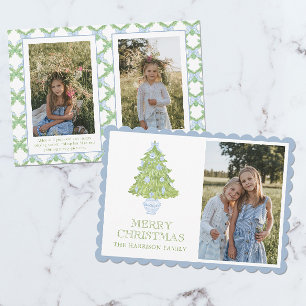 Cartes Pour Fêtes Annuelles Aquarelle bleu Chinoiserie Arbre de Noël Photo