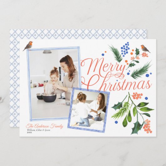 Cartes Pour Fêtes Annuelles Aquarelle bleu Citrus Joyeux Noël Deux photos (Devant / Derrière)