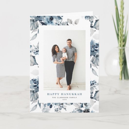 Cartes Pour Fêtes Annuelles Aquarelle Bleu Fleurs Heureux Hanoukka Photo (Devant)