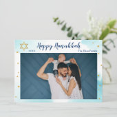 Cartes Pour Fêtes Annuelles Aquarelle bleu moderne or joyeuse Hanoukka photo (Debout devant)