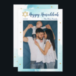 Cartes Pour Fêtes Annuelles Aquarelle bleu moderne or joyeuse Hanoukka photo<br><div class="desc">Carte de vacances photo Hanoukka moderne Blue Watercolor or Happy</div>