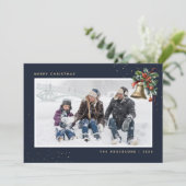 Cartes Pour Fêtes Annuelles Aquarelle bleu or Holly Bell Photo (Debout devant)