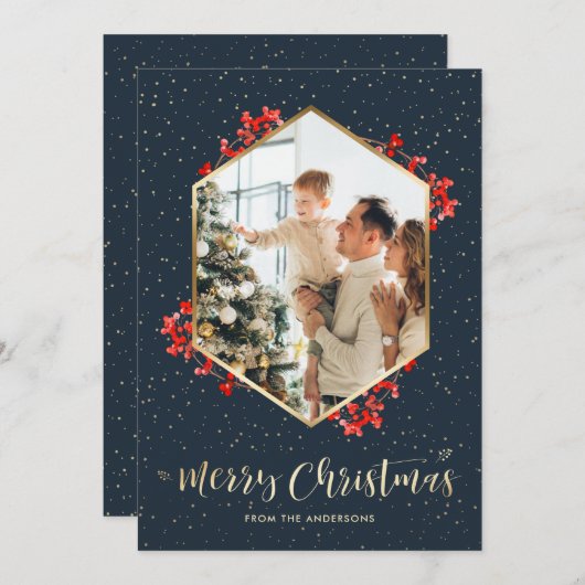 Cartes Pour Fêtes Annuelles Aquarelle Bleu Or Neige Photo Joyeux Noël (Devant / Derrière)