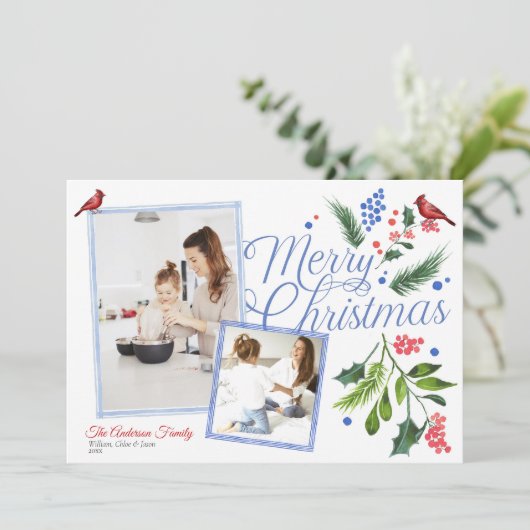 Cartes Pour Fêtes Annuelles Aquarelle Bleu Rouge Joyeux Noël Deux photos (Debout devant)