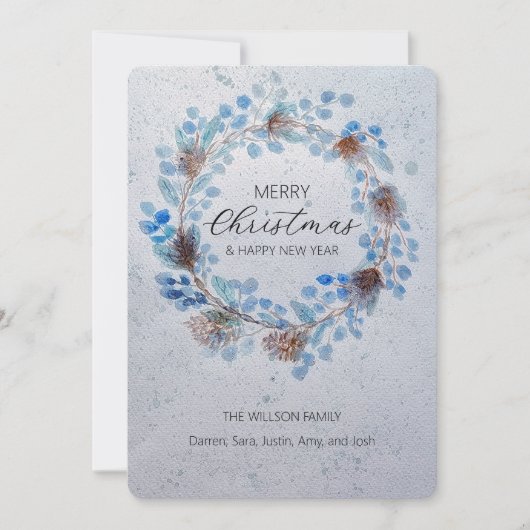 Cartes Pour Fêtes Annuelles Aquarelle bleue - couronne de Noël (Devant)