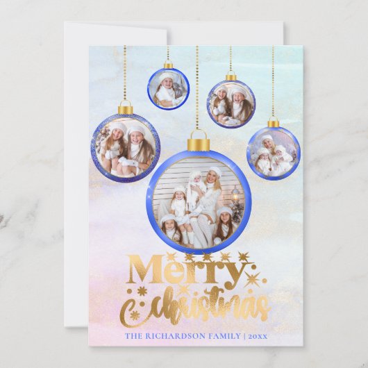 Cartes Pour Fêtes Annuelles Aquarelle bleue de Noël 5 ornement photo (Devant)