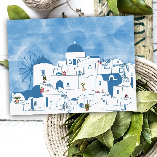 Cartes Pour Fêtes Annuelles Aquarelle bleue et blanche Santorin Grèce