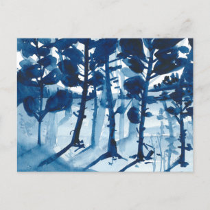 Cartes Pour Fêtes Annuelles Aquarelle bleue paysage, arbre abstrait