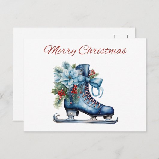 Cartes Pour Fêtes Annuelles Aquarelle Blue Christmas Ice Skate avec ruban (Devant / Derrière)