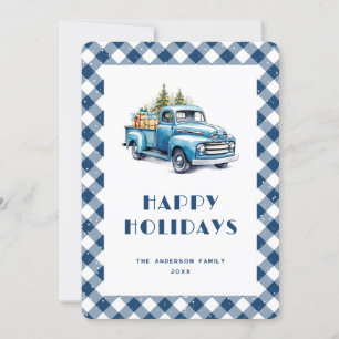 Cartes Pour Fêtes Annuelles Aquarelle Blue Retro Truck En vichy Plaid