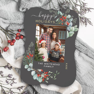 Cartes Pour Fêtes Annuelles Aquarelle Botanique Joyeux Vacances Photo gris fon